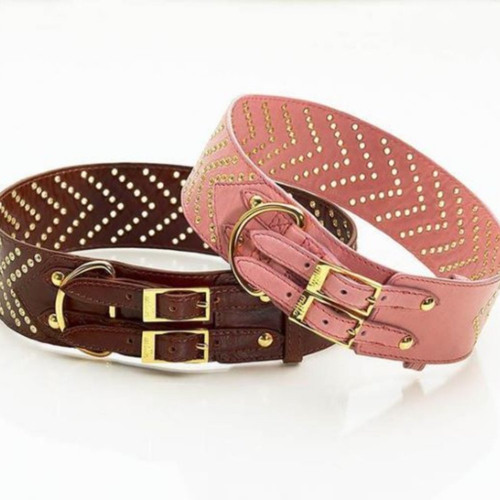 NWT Large Luxury Napa LEATHER DOG COLLAR Gold Grommet Studded - Pink or Cognac